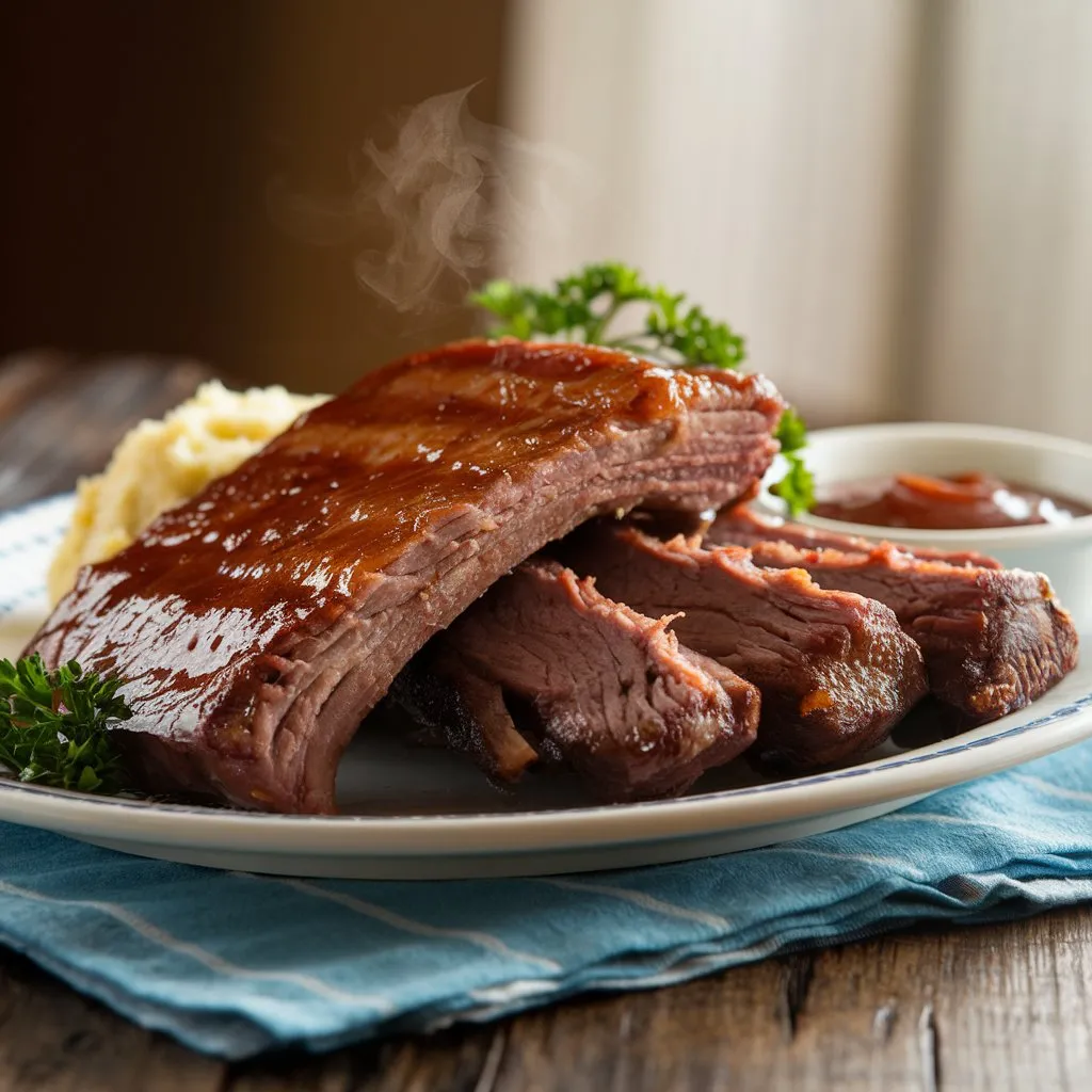 Juicy boneless beef ribs fresh out of the oven.